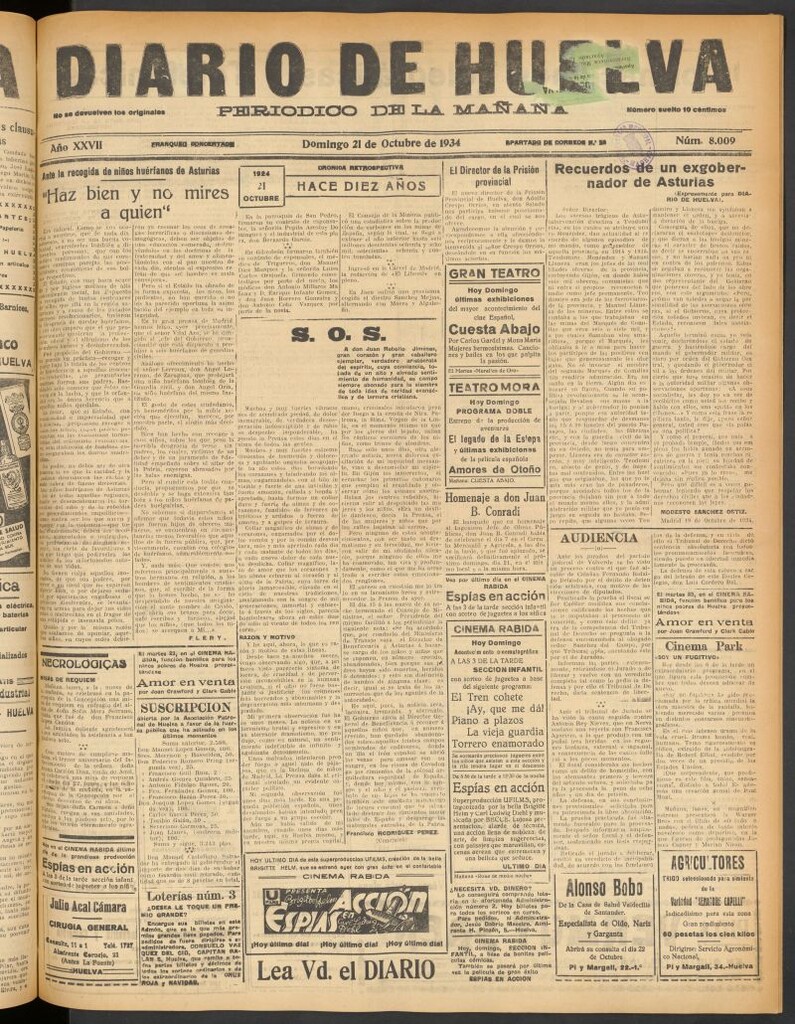 Miniatura de Diario de Huelva : periódico independiente del 21 de octubre de 1934