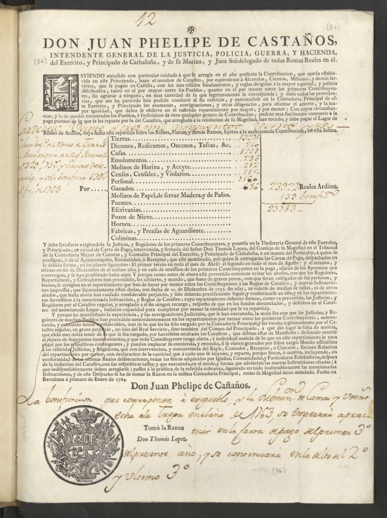 Miniatura de Don Juan Phelipe de Castaños, Intendente General de la Justicia, Policía, Guerra, y Hacienda, del Exercito, y Principado de Cathaluña, y de su Marina, y Juez Subdelegado de todas las Rentas Reales en él. Haviendo atendido con particular cuidado à que se arregle en el año presente la Contribucion, que queda establecida en este Principado, baxo el nombre de Castastro, por equivalente à Alcavalas, Cientos, Millones, y demàs servicios, que se pagan en Castilla ... Despacho ...