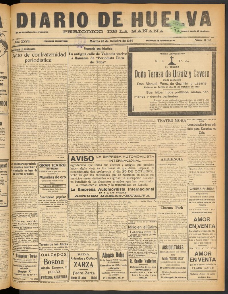 Miniatura de Diario de Huelva : periódico independiente del 23 de octubre de 1934