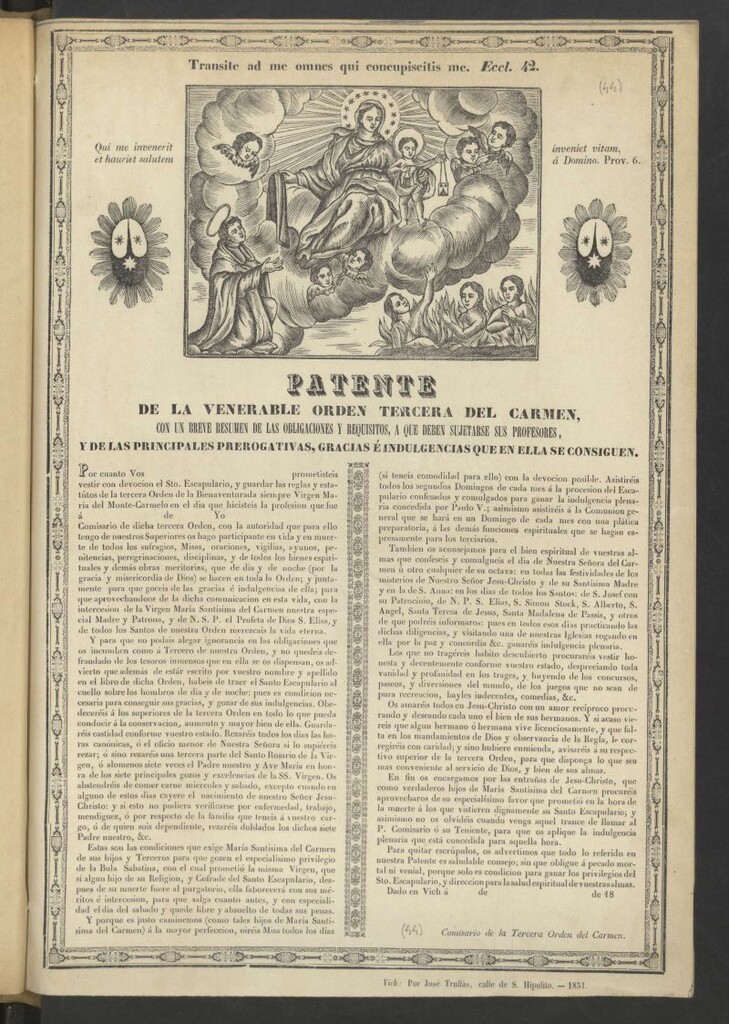 Miniatura de Patente de la venerable Orden Tercera del Carmen : con un breve resumen de las obligaciones y requisitos, a que deban sujetarse sus profesores, y de las principales prerrogativas, gracias é indulgencias que en ella se consiguen