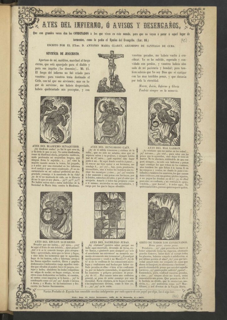 Miniatura de Ayes del Infierno, ó avisos y desengaños, que con grandes voces dàn los condenados à los que viven en este mundo, para que no vayan á parar á aquel lugar de tormentos, como lo pedía el Epulón del Evangelio (Luc. 16)
