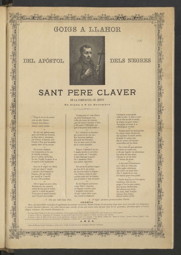 Miniatura de Goigs en llahor del apóstol dels negres Sant Pere Claver de la Compañía de Jesús. Sa diada á 9 de setembre