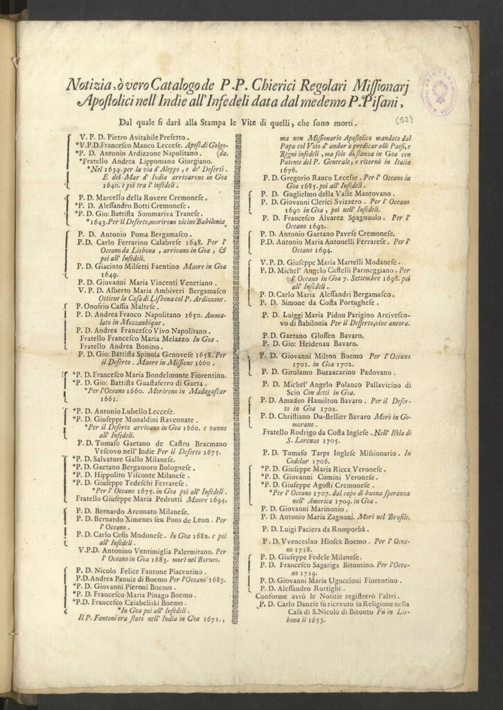 Miniatura de Notizia, ò vero catalogo de P.P. Chierici Regolari Missionari Apostolici nell Indie all’Infideli data dal medemo P. Pisani