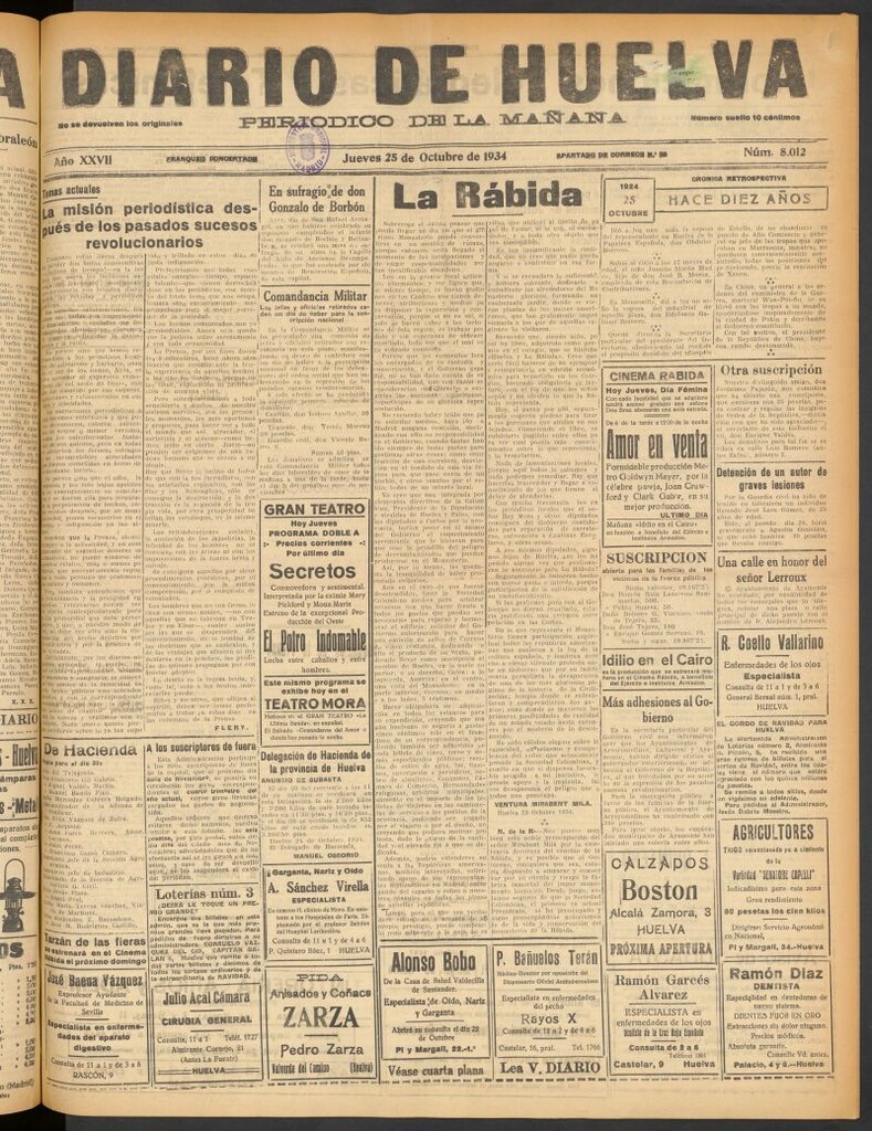Miniatura de Diario de Huelva : periódico independiente del 25 de octubre de 1934