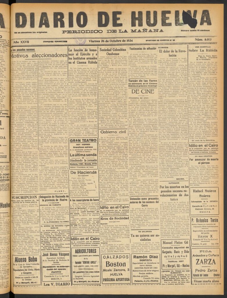 Miniatura de Diario de Huelva : periódico independiente del 26 de octubre de 1934