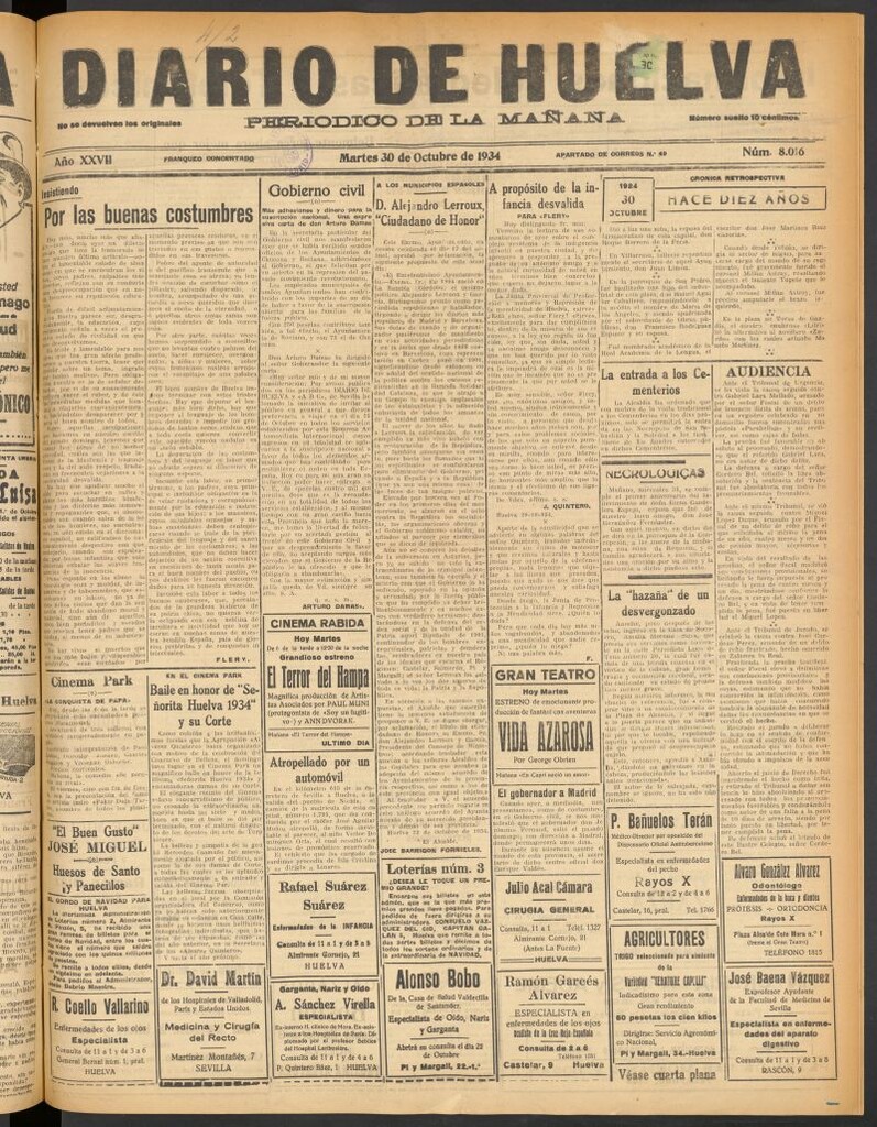 Miniatura de Diario de Huelva : periódico independiente del 30 de octubre de 1934