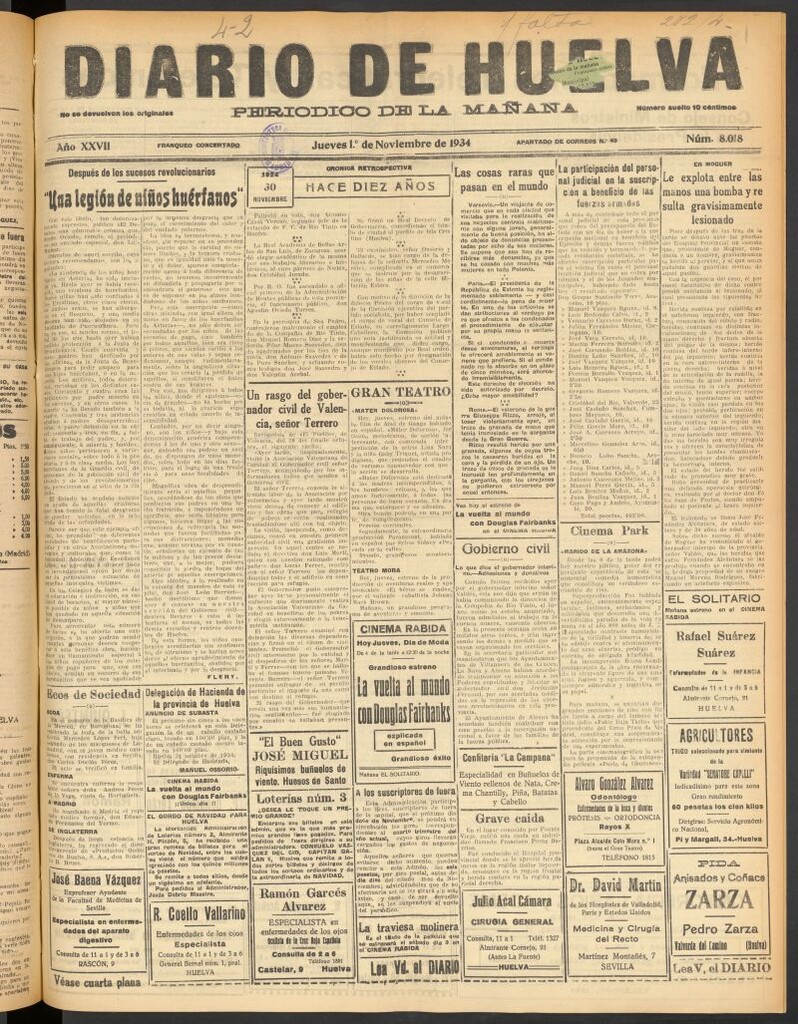Miniatura de Diario de Huelva : periódico independiente del 1 de noviembre de 1934