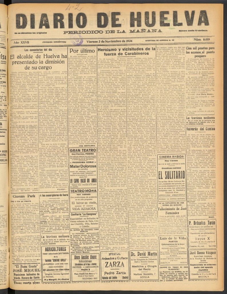 Miniatura de Diario de Huelva : periódico independiente del 2 de noviembre de 1934
