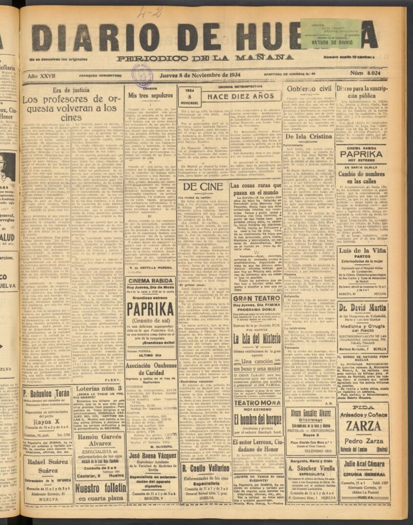 Miniatura de Diario de Huelva : periódico independiente del 8 de noviembre de 1934