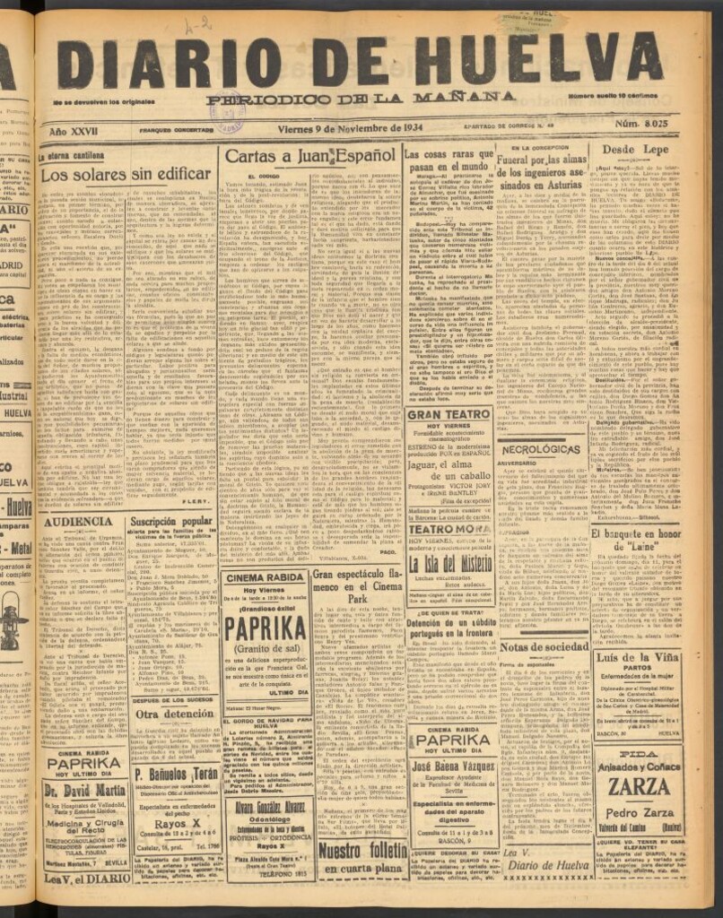 Miniatura de Diario de Huelva : periódico independiente del 9 de noviembre de 1934