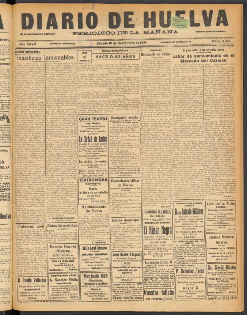 Miniatura de Diario de Huelva : periódico independiente del 10 de noviembre de 1934