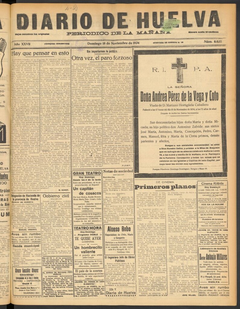 Miniatura de Diario de Huelva : periódico independiente del 18 de noviembre de 1934
