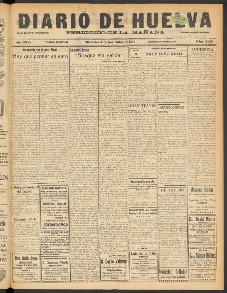 Miniatura de Diario de Huelva : periódico independiente del 21 de noviembre de 1934