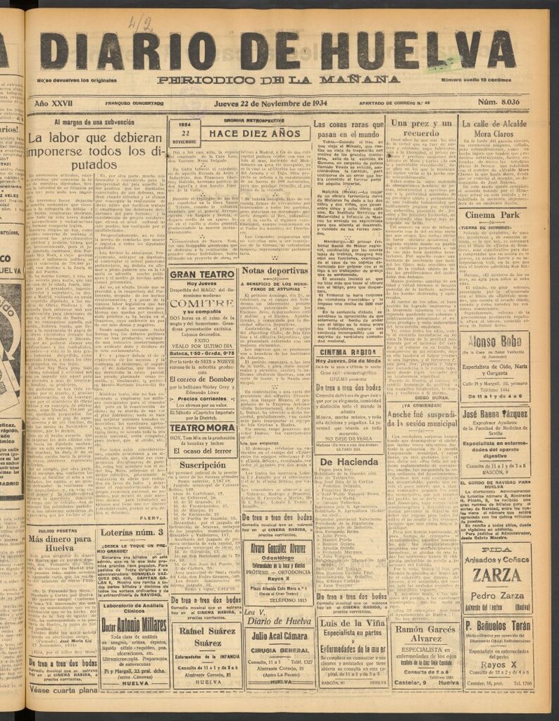 Miniatura de Diario de Huelva : periódico independiente del 22 de noviembre de 1934