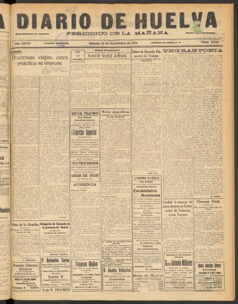 Miniatura de Diario de Huelva : periódico independiente del 24 de noviembre de 1934