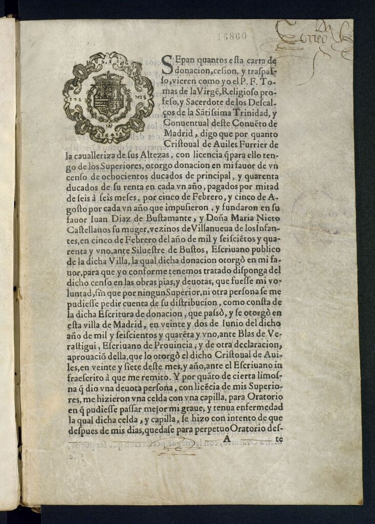 Miniatura de [Escritura de cesión de un censo de 800 ducados de principal y 40 ducados de renta anual por parte de Cristóbal de Avilés, furrier de las reales caballerizas, a favor del P. F. Tomás de la Virgen, religioso del convento de Trinitarios descalzos de Madrid] #1