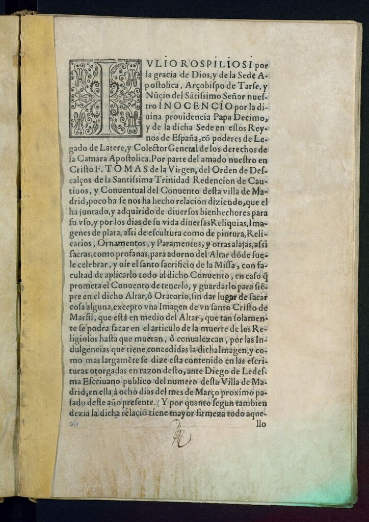 Miniatura de [Traducción de latín al castellano de la carta apostólica de aprobación y confirmación de una donación de reliquias e imaginería religiosa al convento de Trinitarios Descalzos de Madrid]