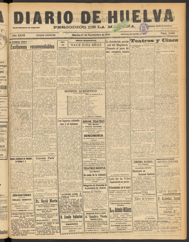 Miniatura de Diario de Huelva : periódico independiente del 27 de noviembre de 1934
