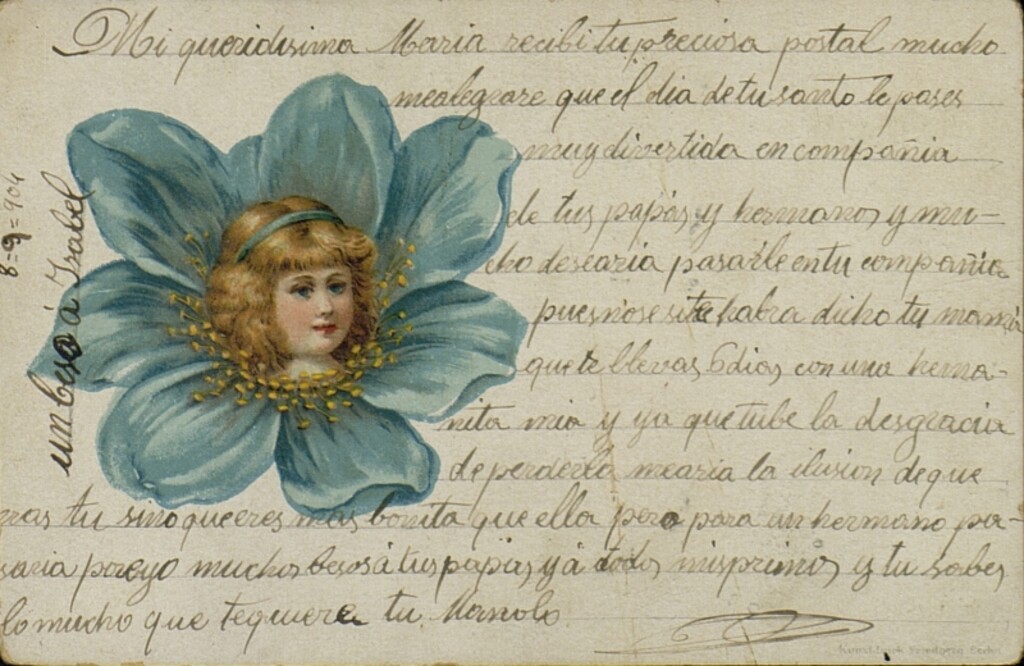 Miniatura de Cabeza de niña en flor azul