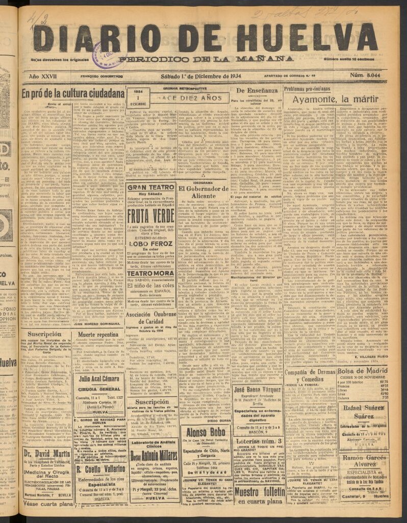 Miniatura de Diario de Huelva : periódico independiente del 1 de diciembre de 1934