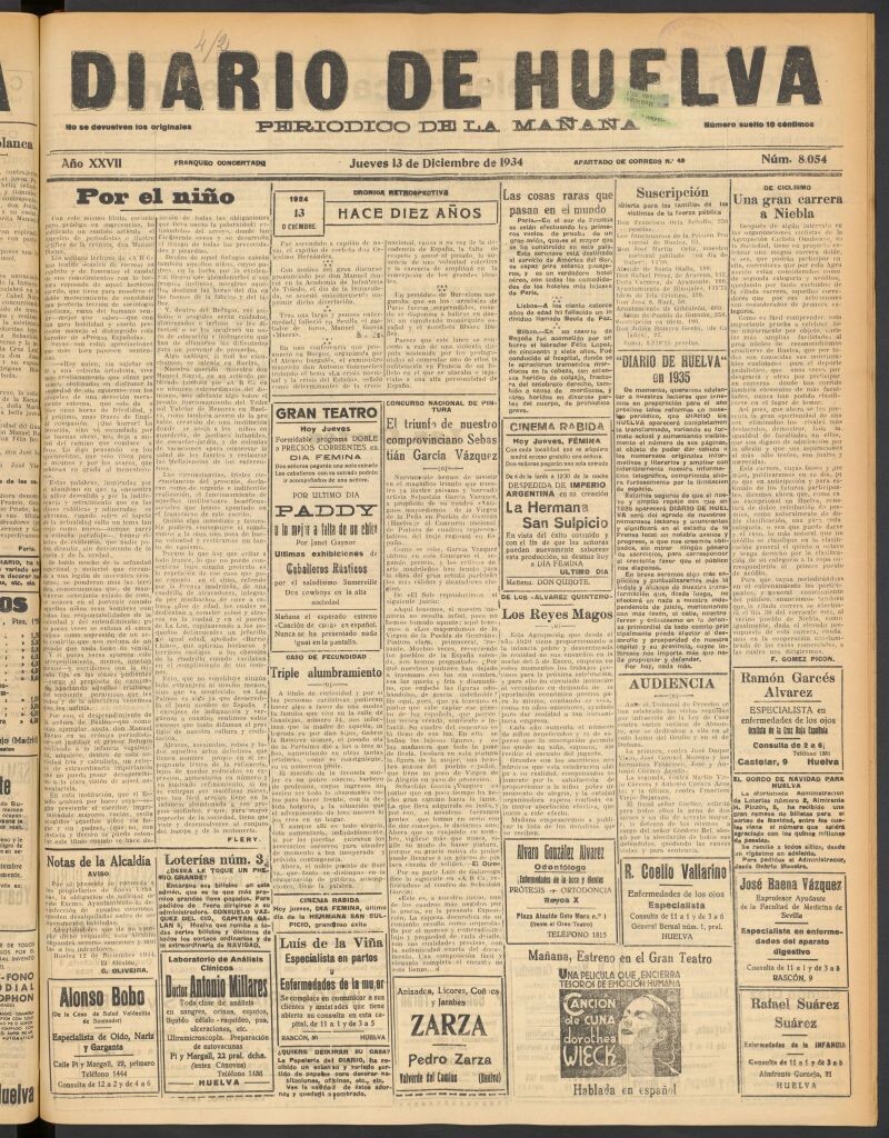 Miniatura de Diario de Huelva : periódico independiente del 13 de diciembre de 1934