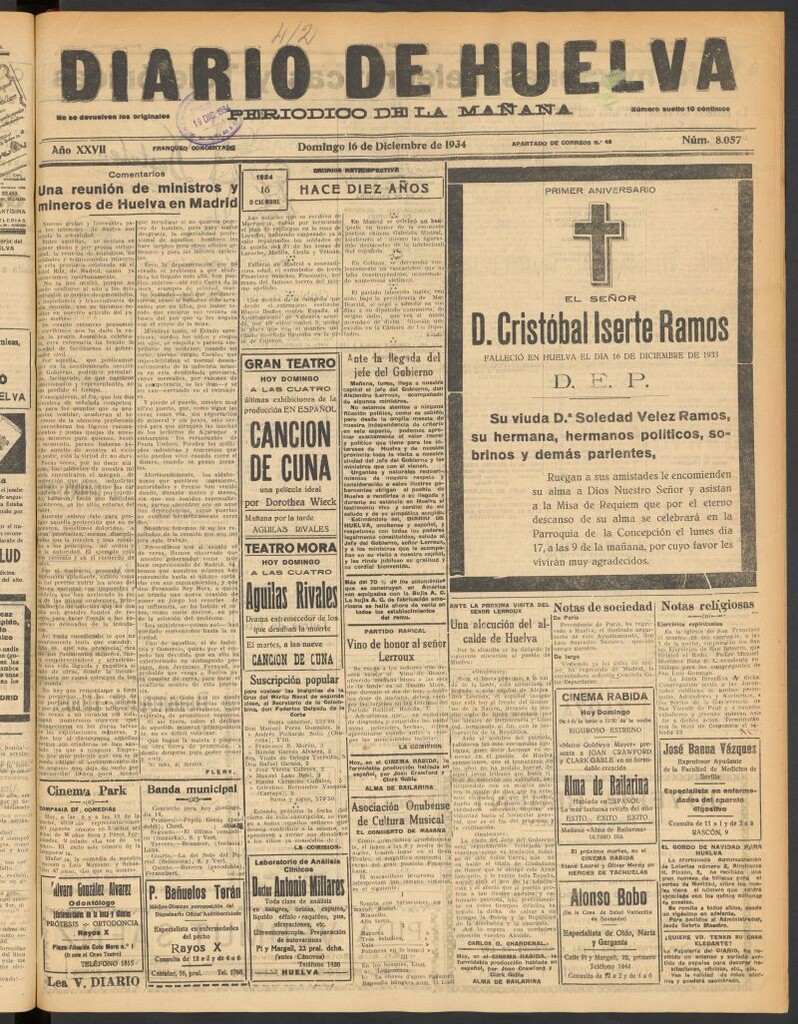 Miniatura de Diario de Huelva : periódico independiente del 16 de diciembre de 1934