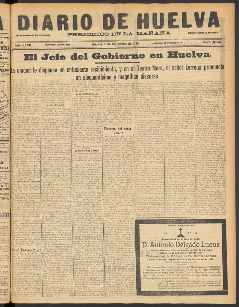 Miniatura de Diario de Huelva : periódico independiente del 18 de diciembre de 1934