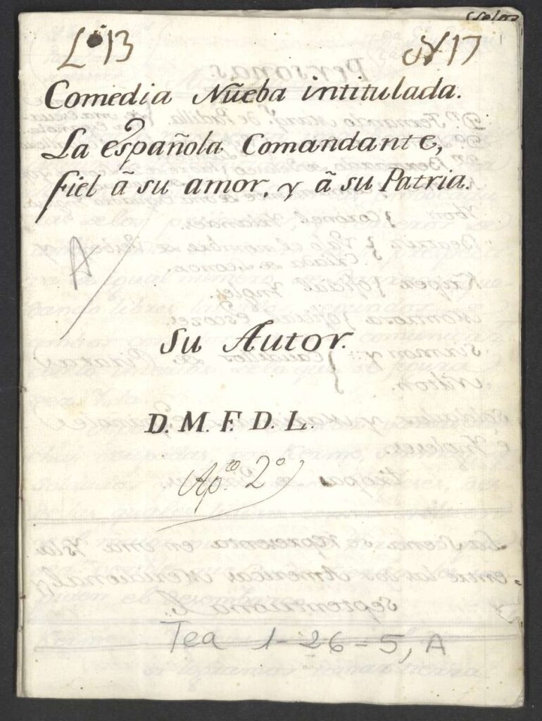Miniatura de Comedia Nueba intitulada. La española Comandante, fiel a su amor, y a su Patria