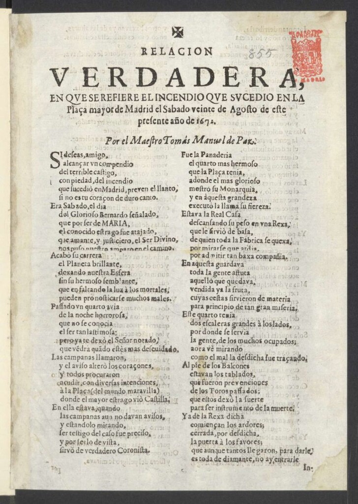 Miniatura de Relación verdadera, en que se refiere el incendio sucedido en la Plaça Mayor de Madrid el sábado veinte de agosto de este presente año de 1672