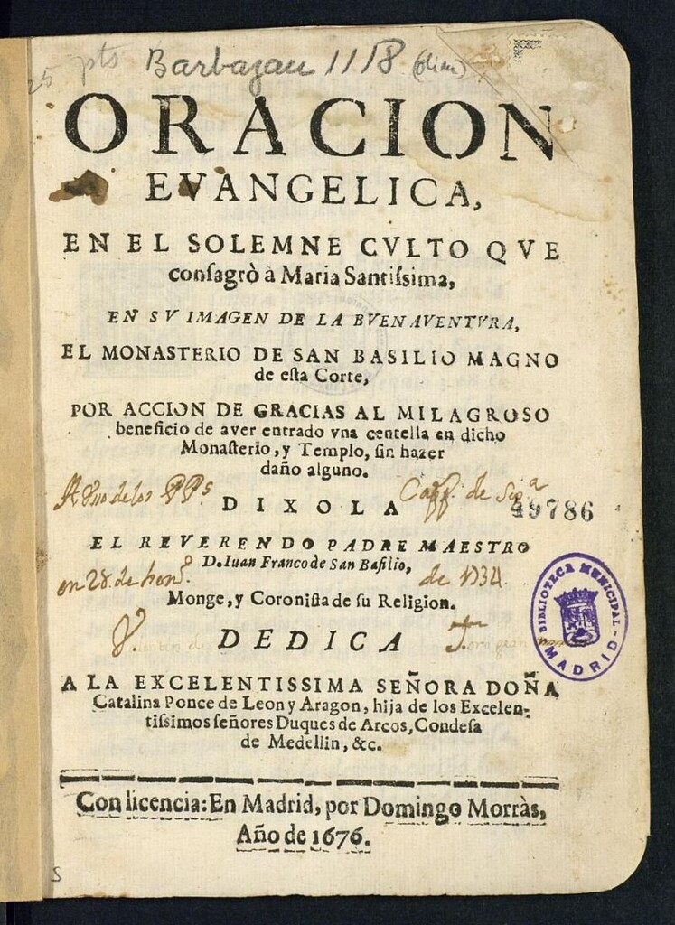 Miniatura de Oración evangelica ... que consagró a María Santissima en su imagen de la Buenaventura el Monasterio de San Basilio Magno de esta corte por acción de gracias al milagroso beneficio de aver entrado una centella en dicho Monasterio...