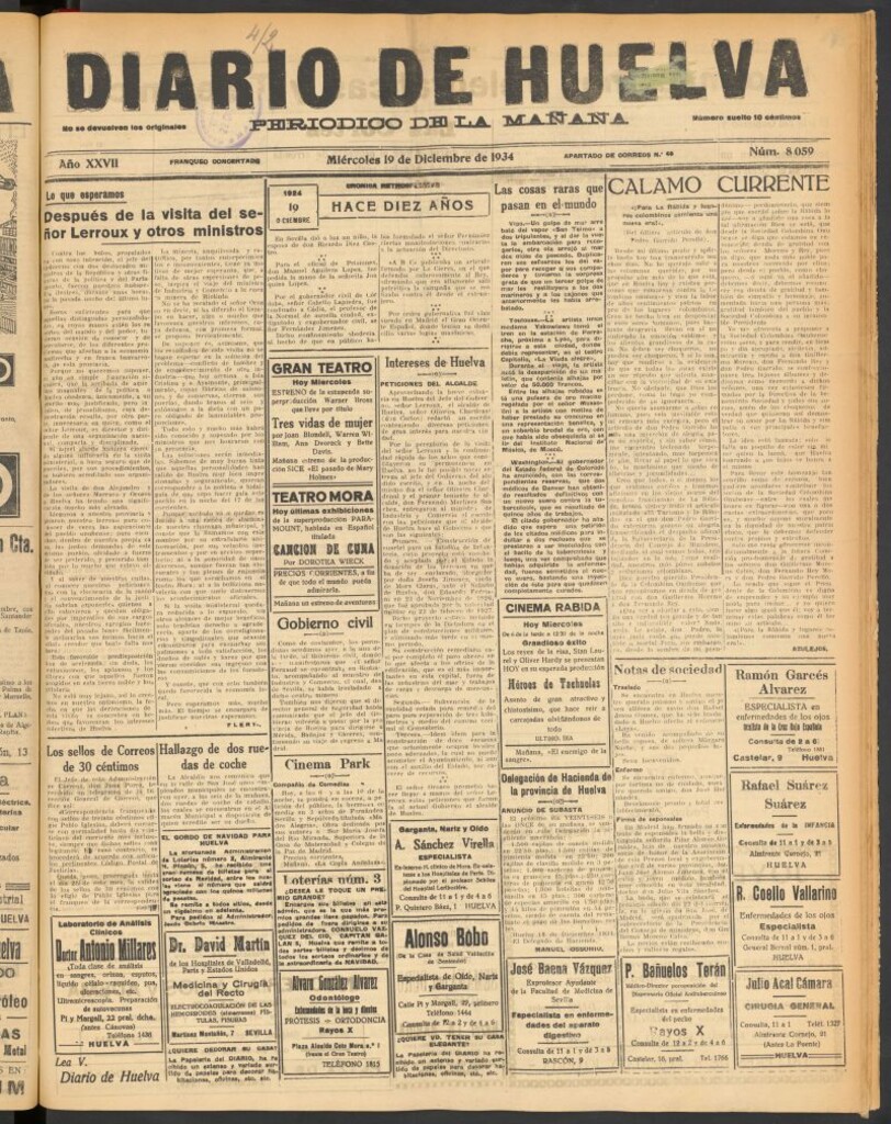 Miniatura de Diario de Huelva : periódico independiente del 19 de diciembre de 1934