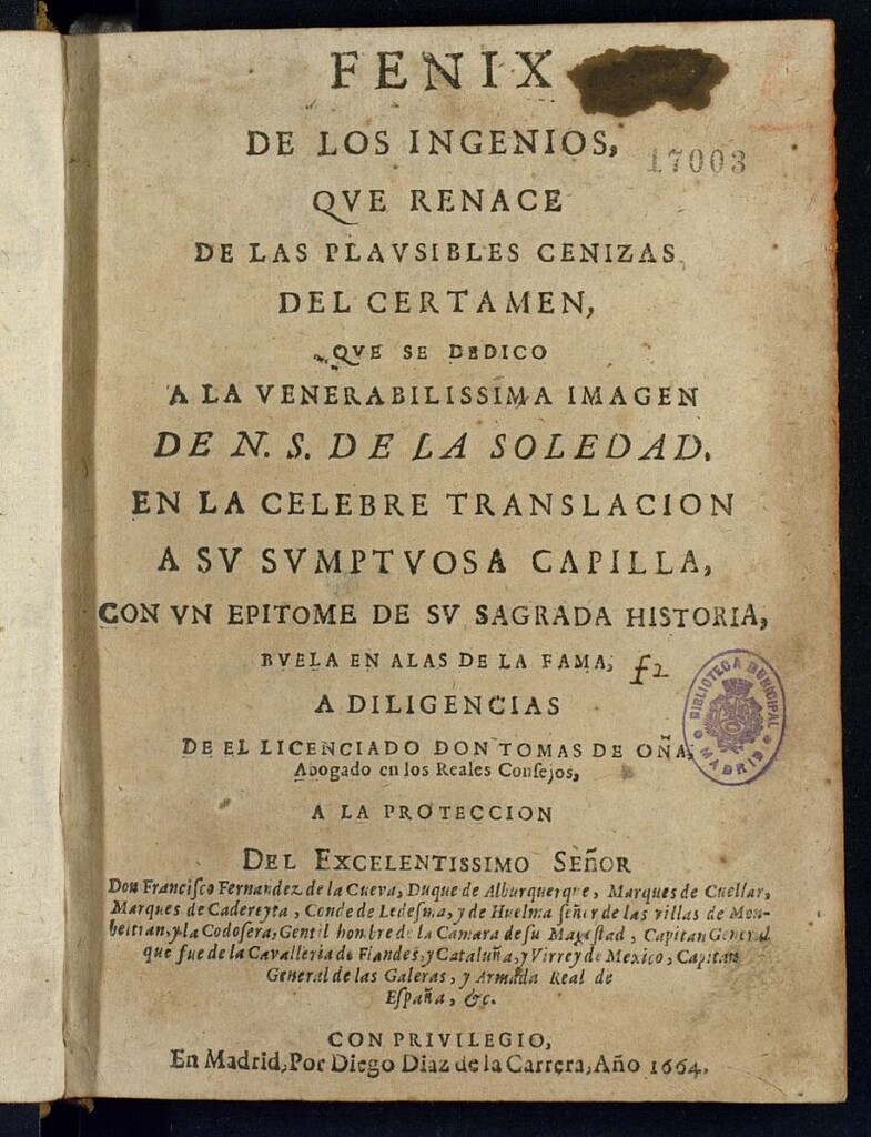 Miniatura de Fénix de los ingenios, que renace de las plausibles cenizas del Certamen que se dedico á la venerabilissima Imagen de N.S. de la Soledad, en la celebre translacion á su svmptvosa Capilla : con vn epitome de sv sagrada historia, buela (sic) en alas de la fama