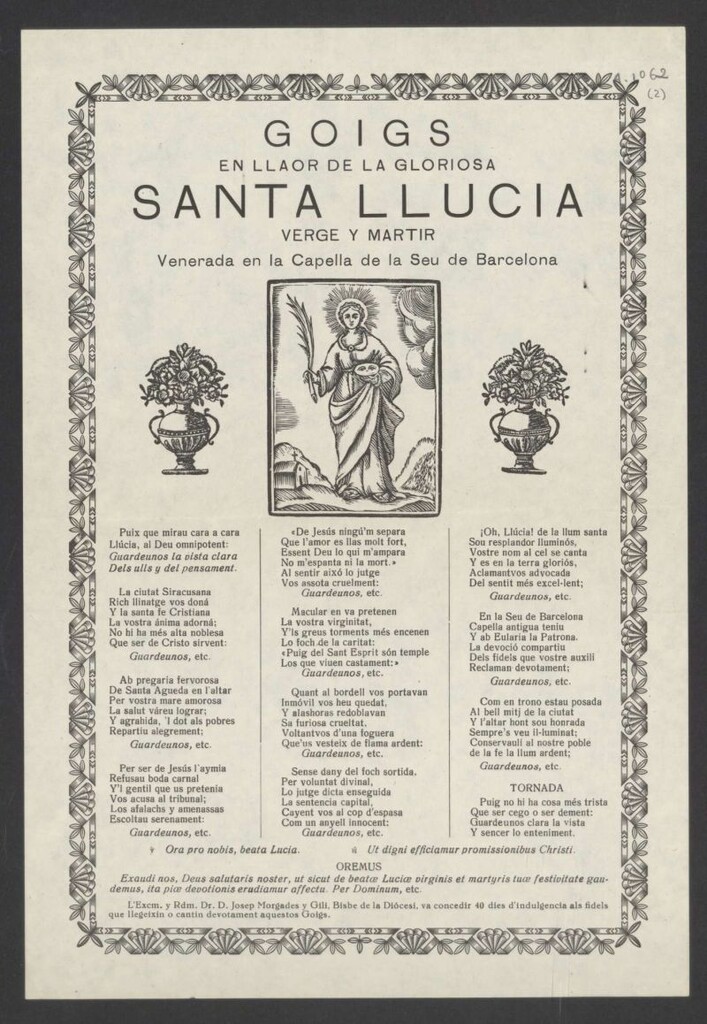 Miniatura de Goigs en llaor de la Gloriosa Santa Llucia verge y martir venerada en la Capella de la Seu de Barcelona
