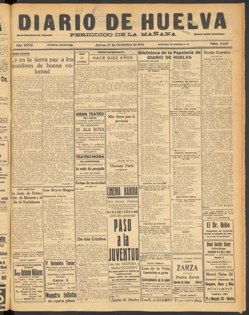 Miniatura de Diario de Huelva : periódico independiente del 27 de diciembre de 1934