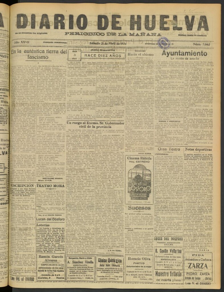 Miniatura de Diario de Huelva : periódico independiente del 21 de abril de 1934