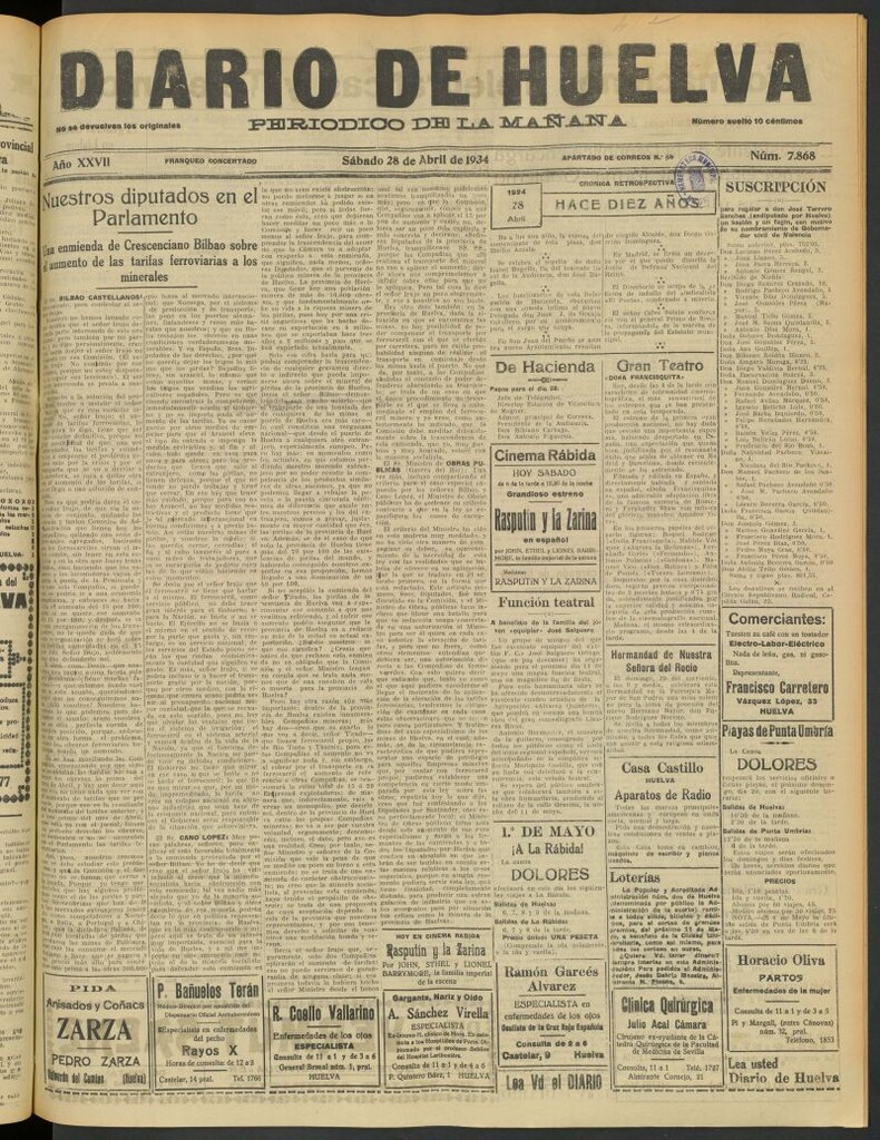 Miniatura de Diario de Huelva : periódico independiente del 28 de abril de 1934
