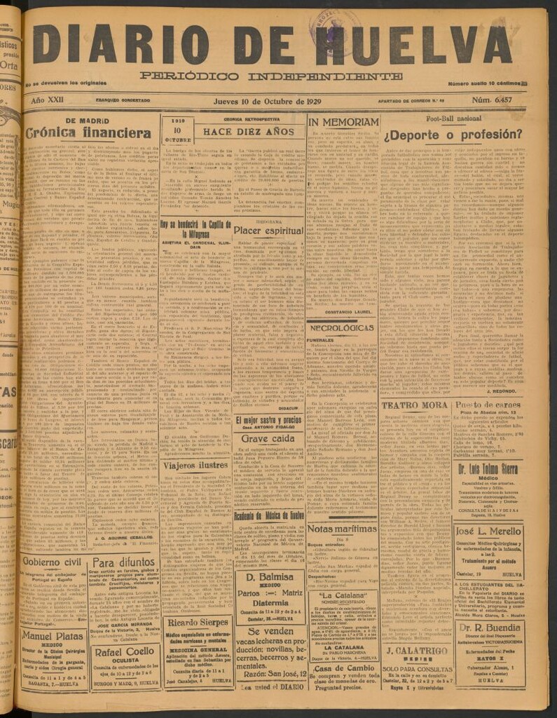 Miniatura de Diario de Huelva : periódico independiente del 10 de octubre de 1929