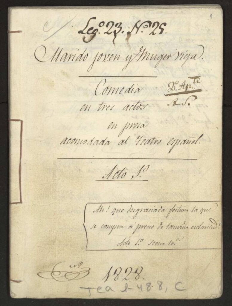 Miniatura de Marido joven y Muger Vieja : Comedia en tres actos en prosa acomodada al Teatro español