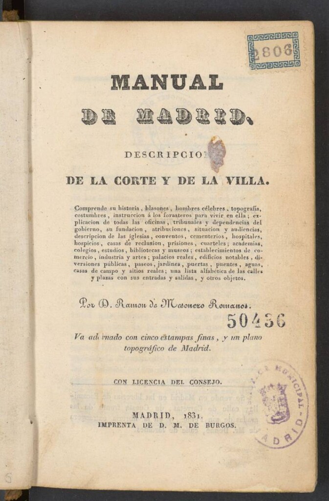 Miniatura de Manual de Madrid : descripción de la Corte y de la Villa : comprende su historia, blasones, hombres célebres, topografía, costumbres, instruccion á los forasteros para vivir en ella...