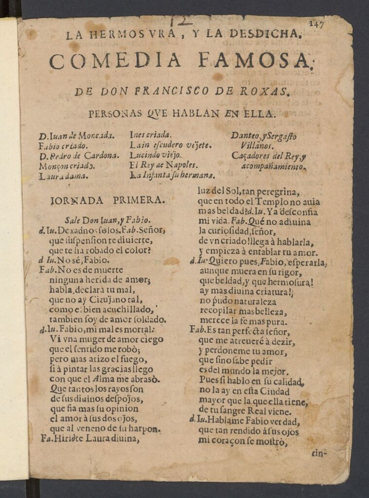 Miniatura de Desglosada de Parte 35 de comedias nuevas, escritas por los mejores ingenios de España]. La hermosvra y la desdicha. Comedia famosa