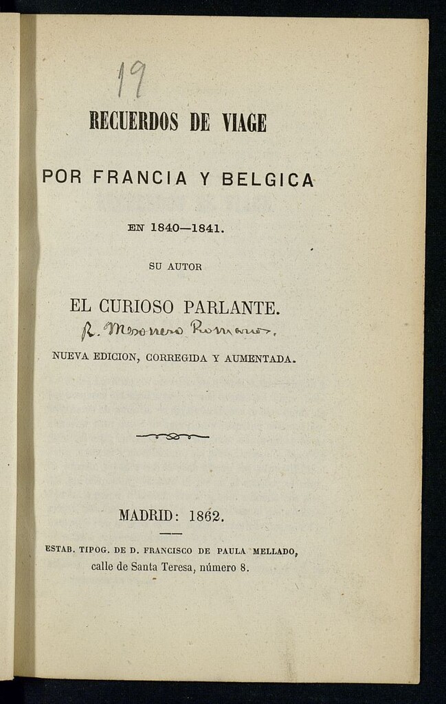 Miniatura de Recuerdos de viage por Francia y Bélgica en 1840 y 1841 su autor El Curioso Parlante
