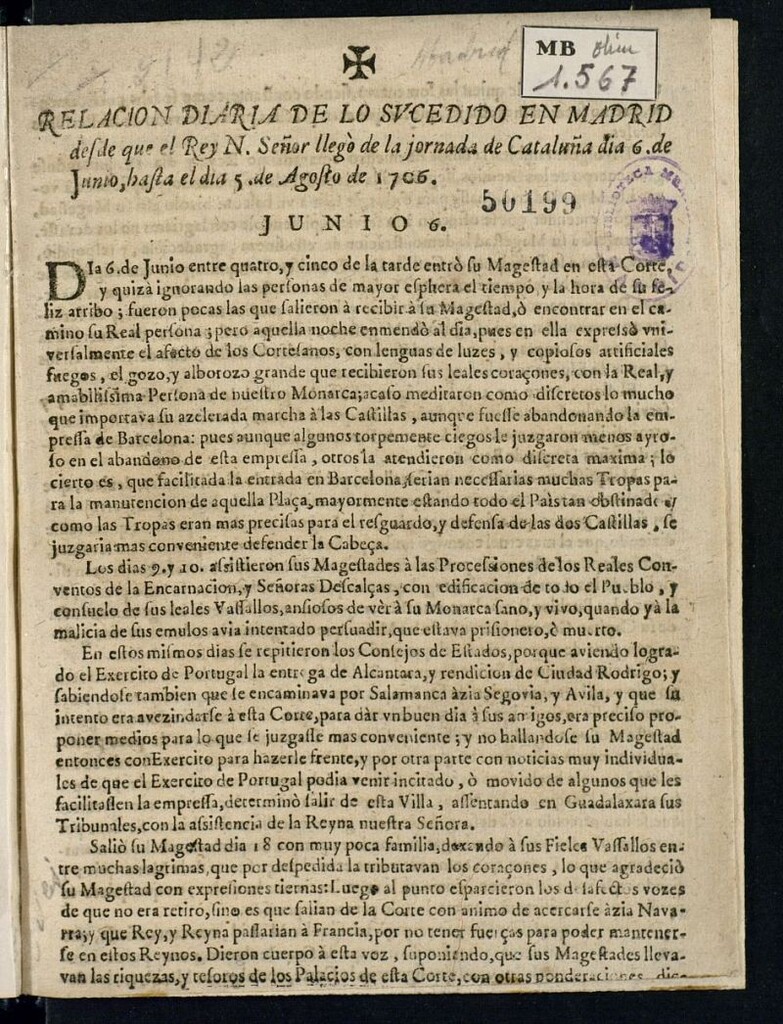 Miniatura de Relación diaria de los Sucedido en Madrid desde que el Rey N. Señor llegó de la jornada de Cataluña dia 6 de junio hasta el dia 5 de agosto de 1706