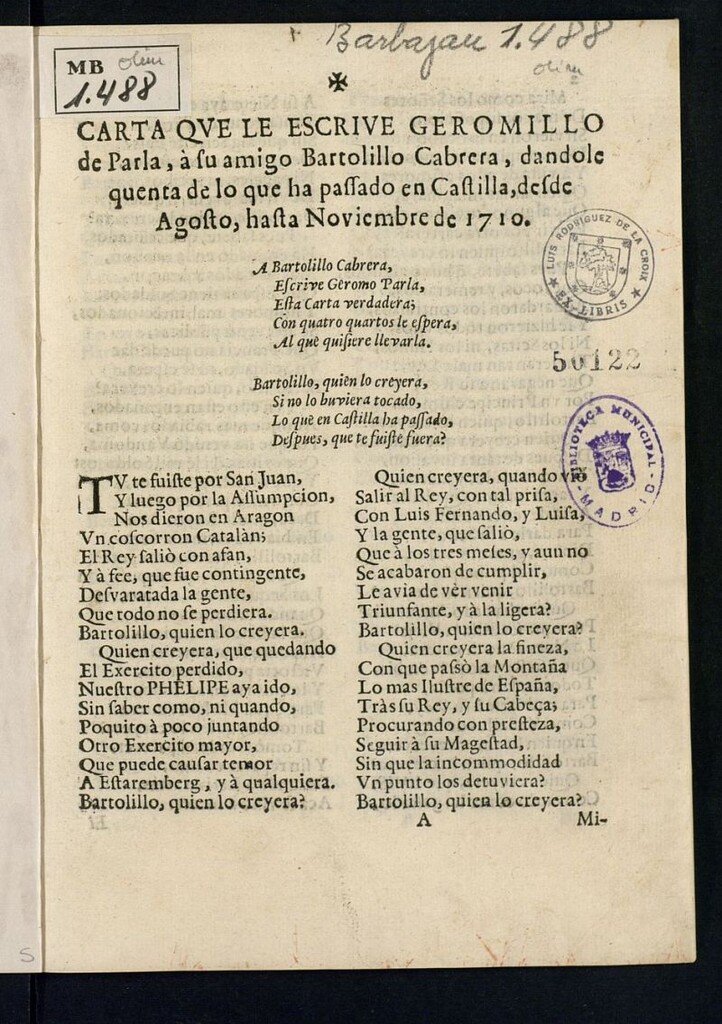 Miniatura de Carta que le escrive Geromillo de Parla a su amigo Bartolillo Cabrera dandole quenta de lo que ha pasado en Castilla desde agosto hasta noviembre de 1710