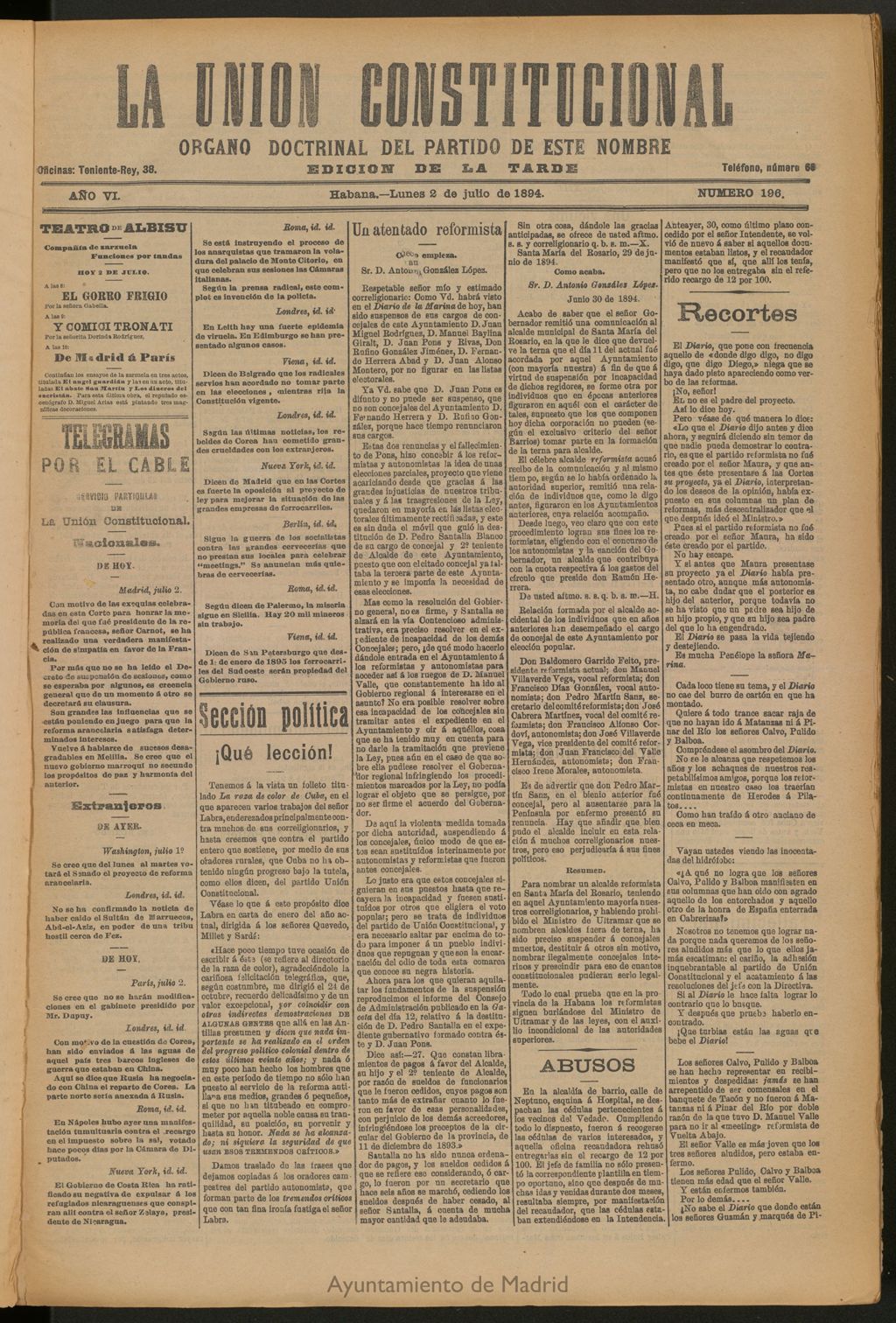 Miniatura de La Unión Constitucional: Órgano oficial del partido de este nombre del 2 de julio de 1894