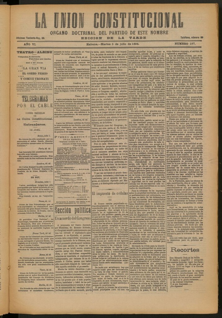 Miniatura de La Unión Constitucional: Órgano oficial del partido de este nombre del 3 de julio de 1894