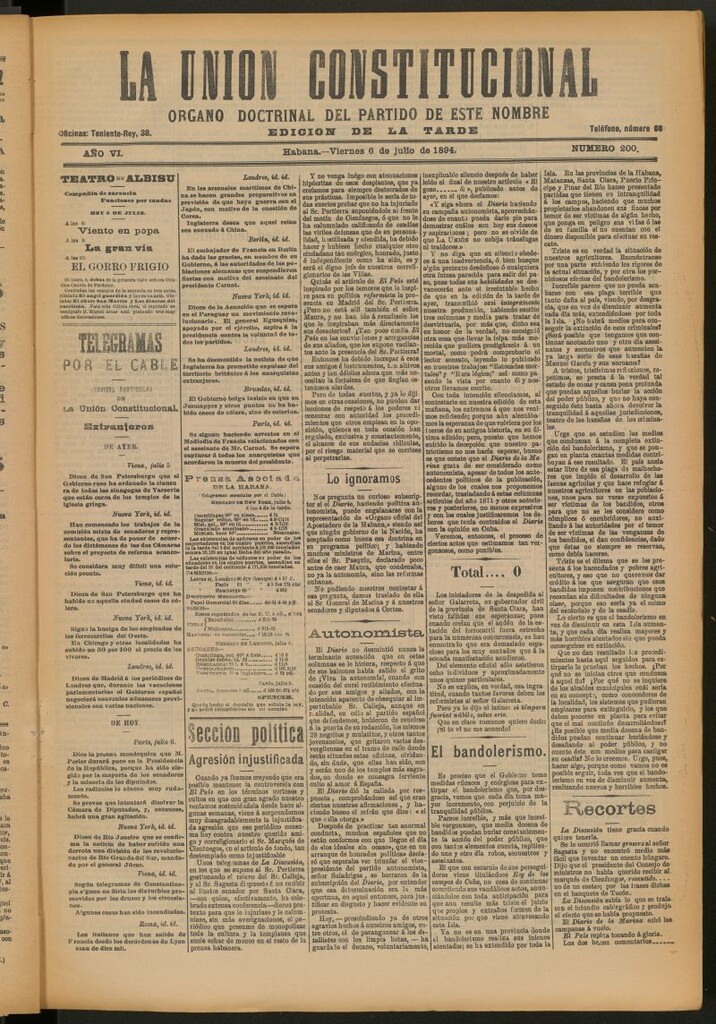 Miniatura de La Unión Constitucional: Órgano oficial del partido de este nombre del 6 de julio de 1894
