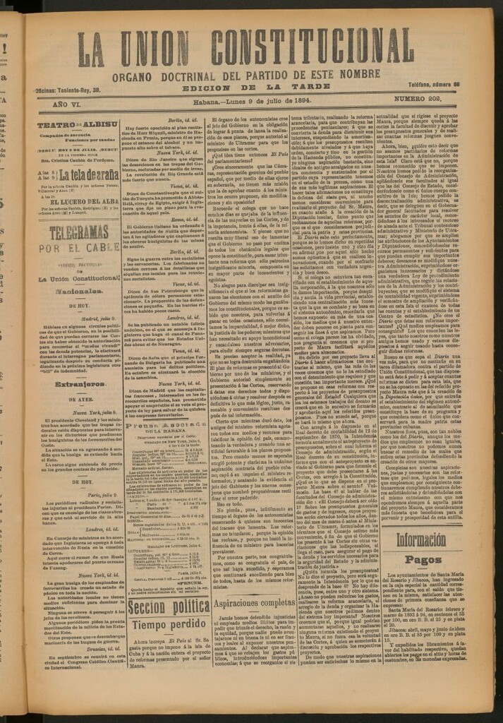 Miniatura de La Unión Constitucional: Órgano oficial del partido de este nombre del 9 de julio de 1894