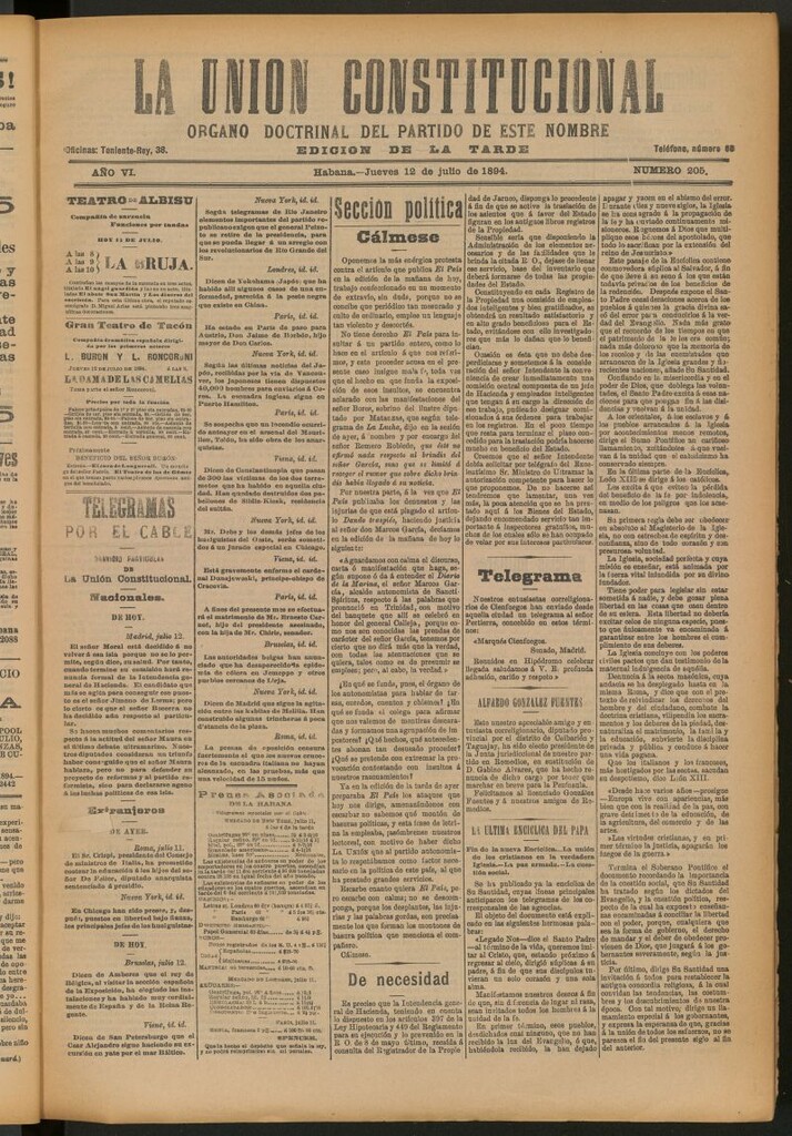 Miniatura de La Unión Constitucional: Órgano oficial del partido de este nombre del 12 de julio de 1894
