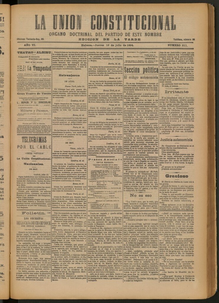 Miniatura de La Unión Constitucional: Órgano oficial del partido de este nombre del 19 de julio de 1894