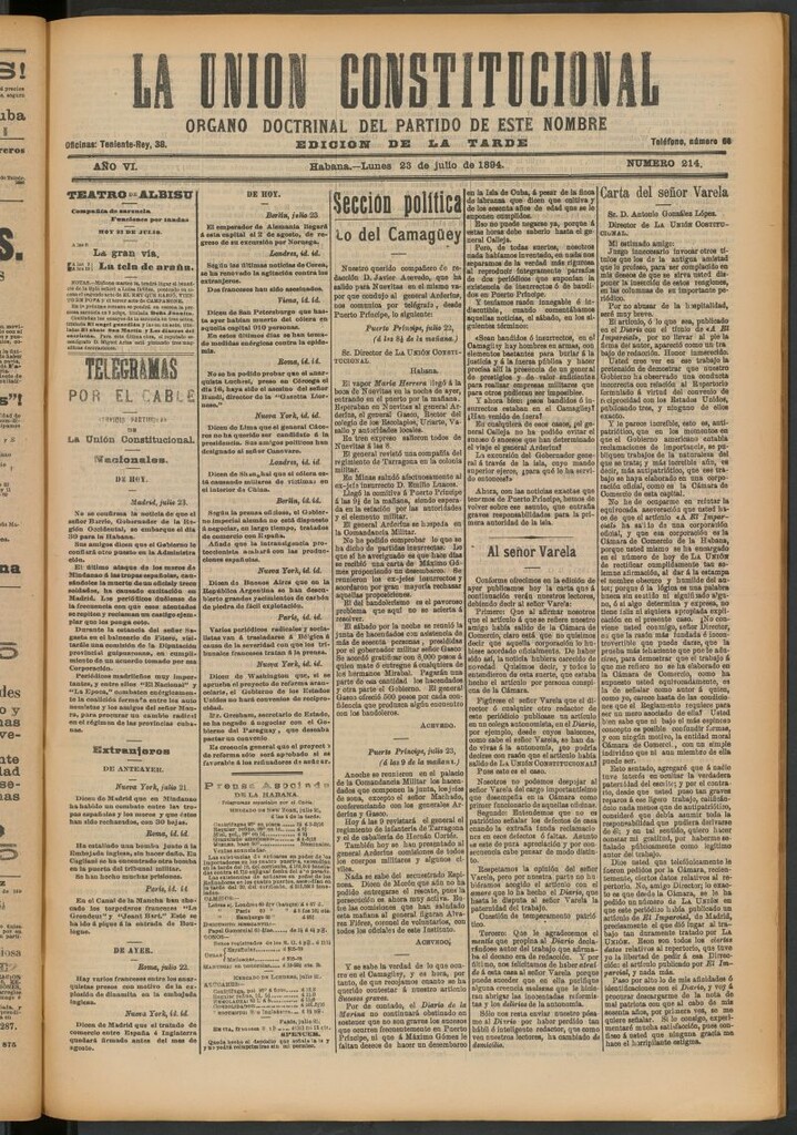 Miniatura de La Unión Constitucional: Órgano oficial del partido de este nombre del 23 de julio de 1894